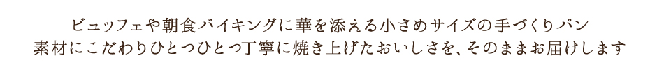 ビュッフェや朝食バイキングに華を添える小さめサイズの手づくりパン
素材にこだわりひとつひとつ丁寧に焼き上げたおいしさを、そのままお届けします