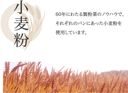 小麦粉
60年にわたる製粉業のノウハウで、それぞれのパンにあった小麦粉を使用しています。